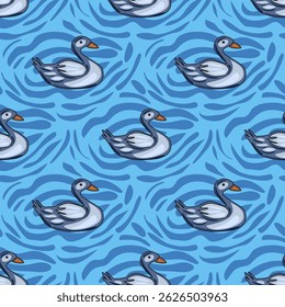 Padrão de vetor sem costura com patos cinzas estilizados nadando em um fundo azul vibrante com linhas onduladas dinâmicas, criando uma cena aquática lúdica e calmante.