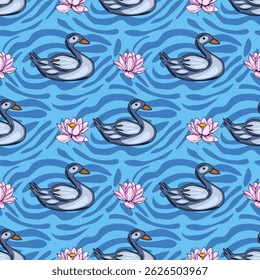 Seamless vector pattern featuring stylized grey ducks gracefully swimming amidst pink water lilies on a vibrant blue water background with a dynamic wave texture.