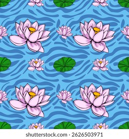 Seamless vector pattern featuring stylized pink lotus flowers and lily pads floating on a vibrant blue water surface with a wavy, abstract texture.