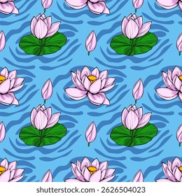Padrão de vetor sem costura com flores e botões de lótus rosa estilizados flutuando em um fundo azul vibrante com textura ondulada.