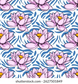 Padrão de vetor sem costura com flores de lótus rosa estilizado elegantemente arranjadas em um fundo de onda abstrata azul e branco vibrante, criando um design sereno e moderno.