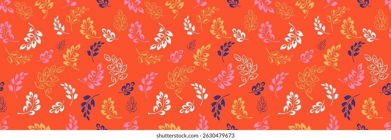 Seamless vector pattern featuring stylized tiny botanical leaves on a bright orange background. Elegant design ornament is ideal for prints, textiles, wallpapers, stationery, branding 