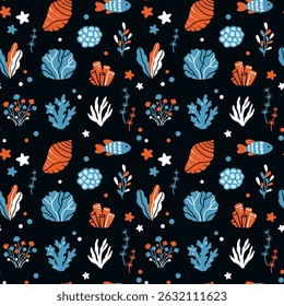 Seamless vector pattern featuring stylized shells, fish and seaweed on a dark underwater background. Perfect for textiles, wallpapers and packaging design with a summery ocean vibe