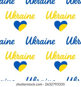 Seamless vector pattern featuring stylized Ukraine lettering in blue and yellow, combined with hearts designed in the Ukrainian flag colors, creating a vibrant and patriotic design.