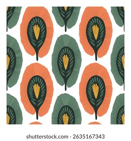 Seamless vector pattern featuring stylized floral shapes in shades of orange, green, and yellow. The design has a modern, abstract feel, perfect for various creative projects.
