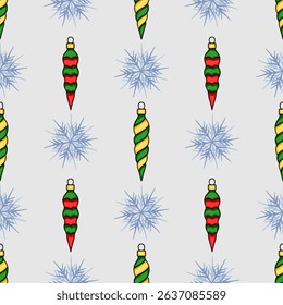 Seamless vector pattern featuring stylized Christmas ornaments in green, red, and yellow, interspersed with light-blue snowflakes on a light-grey background, ideal for festive designs.