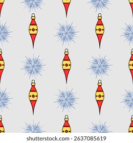 Seamless vector pattern featuring stylized Christmas ornaments in red and yellow with blue snowflakes on a light gray background, ideal for festive design projects.
