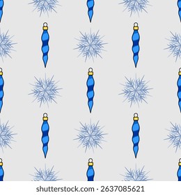 Seamless vector pattern featuring stylized blue Christmas ornaments and delicate snowflakes on a light gray background, perfect for festive designs.