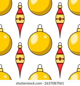 Seamless vector pattern featuring stylized golden Christmas balls and red icicle ornaments, creating a cheerful and festive design ideal for winter holidays.