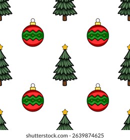 Seamless vector pattern featuring stylized Christmas trees and ornaments in red and green, perfect for festive designs and winter holiday backgrounds.