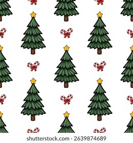 Seamless vector pattern featuring stylized Christmas trees adorned with yellow stars, complemented by candy canes tied with red bows, creating a festive winter design.