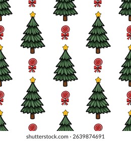 Seamless vector pattern featuring stylized Christmas trees adorned with yellow stars and accompanied by red lollipops with bows, creating a festive and cheerful winter design.
