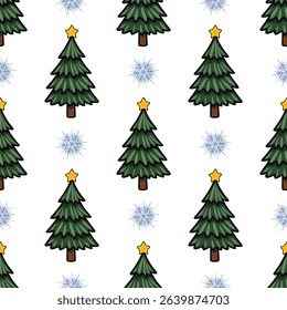 Seamless vector pattern featuring stylized Christmas trees adorned with golden stars and interspersed with delicate snowflakes on a pristine white background, ideal for festive designs.