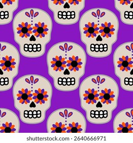 Seamless vector pattern featuring stylized sugar skulls with vibrant orange and purple floral accents on a rich purple background, ideal for Day of the Dead celebrations.