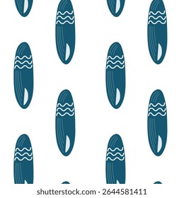 Padrão de vetor contínuo com pranchas de surfe estilizadas em tons de azul calmante em um fundo branco nítido