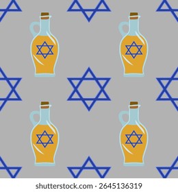 Seamless vector pattern featuring stylized oil decanters with Star of David symbols and geometric star shapes, perfect for Hanukkah or Jewish holiday designs.