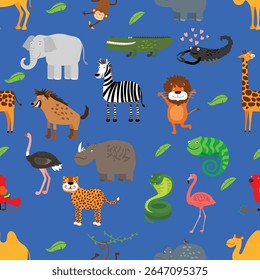 Seamless vector pattern featuring stylized animals in a modern, whimsical design. Perfect for textiles, wallpapers, wrapping paper, and digital backgrounds. Fully editable, scalable, ideal for nature