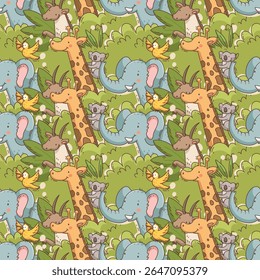 Seamless vector pattern featuring stylized animals in a modern, whimsical design. Perfect for textiles, wallpapers, wrapping paper, and digital backgrounds. Fully editable, scalable, ideal for nature