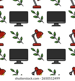 Seamless vector pattern featuring stylized computer monitors, red desk lamps, and green leaves, creating a minimalist office workspace design.
