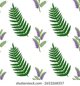 Seamless vector pattern featuring stylized fern leaves and tufted vetch flowers in vibrant green and purple hues, creating a botanical illustration ideal for textile design or wallpaper.
