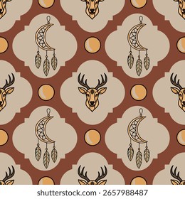 Seamless vector pattern featuring stylized deer heads, crescent moon dreamcatchers, and sun motifs in earthy tones, creating a mystical and bohemian aesthetic.