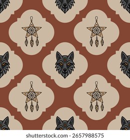 Seamless vector pattern featuring stylized wolf heads and star dream catchers, set against a repeating geometric background in earthy tones.