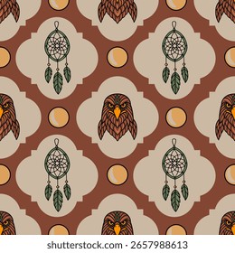 Seamless vector pattern featuring stylized eagle heads and dream catchers, set against a geometric background of earthy tones, creating a mystical and tribal vibe.