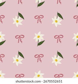 Seamless vector pattern featuring stylized white flowers and dusty rose bows on a pale pink background, creating a delicate and charming floral design.