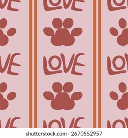 Seamless vector pattern featuring stylized paw prints and the word LOVE in a terracotta and blush pink palette, creating a charming and romantic design ideal for textiles or branding.