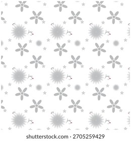 Un patrón de Vector sin costuras con motivos florales estilizados grises y blancos de varios tamaños, acentuados con Pequeños remolinos rojos sobre un fondo blanco limpio. Este diseño es adecuado para textiles,...