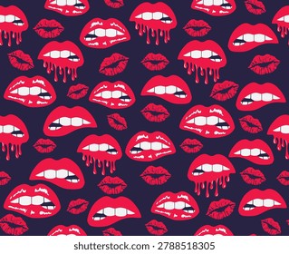 Seamless vector pattern featuring stylized lips and kiss motifs in a bold pop art style, suitable for textiles, fashion prints, wallpapers, wrapping paper, and decorative backgrounds.