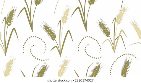 Seamless vector pattern featuring stylized olive green and cream wheat stalks with decorative dotted spiral accents isolated on a clean white background for textile design.