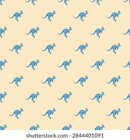 Seamless vector pattern featuring stylized blue kangaroos jumping across a light yellow background. Ideal for textile designs, wallpapers, and creative wrapping paper projects.