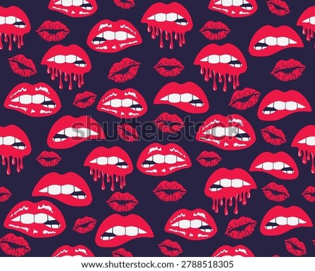 Seamless vector pattern featuring stylized lips and kiss motifs in a bold pop art style, suitable for textiles, fashion prints, wallpapers, wrapping paper, and decorative backgrounds.