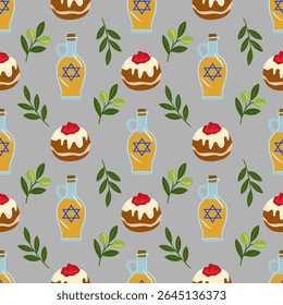 Padrão de vetor sem costura com sufganiyot, ramos de azeitona e garrafas de óleo com Estrela de David, ideal para celebrações de Chanucá e designs festivos.