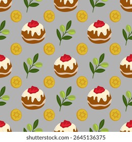 Padrão de vetor sem emenda com Sufganiyot, ramos de azeitona e moedas de Estrela de David, criando um design festivo de Chanucá com um estilo minimalista e paleta de cores suaves.
