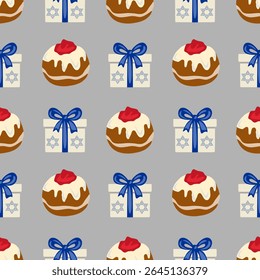 Padrão de vetor sem costura com sufganiyot e caixas de presente adornadas com Estrela de David, ideal para celebrações de Chanucá e designs festivos.