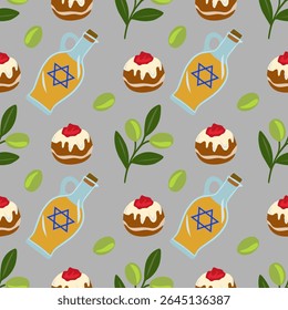 Padrão de vetor sem emenda com sufganiyot, ramos de azeitona e decantadores de óleo com Estrela de David, ideal para as celebrações do Chanucá.