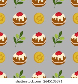 Padrão de vetor sem emenda com Sufganiyot, ramos de azeitona e moedas de Estrela de Davi, um design festivo para as celebrações do Chanucá.