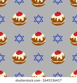 Seamless vector pattern featuring Sufganiyot and Star of David, perfect for Hanukkah celebrations, with a unique hand-drawn style and muted color palette.