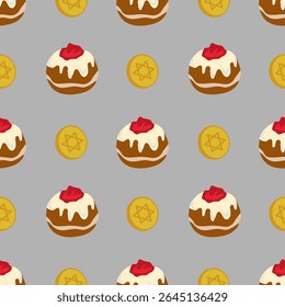 Padrão de vetor sem costura com moedas de Sufganiyot e Estrela de David, um design festivo perfeito para as celebrações de Chanucá, apresentando um estilo divertido, mas elegante com tons mornos de marrom, ouro e vermelho.