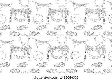 Seamless vector pattern featuring summer beach elements like palm trees, hammocks, and flip flops. Perfect for coloring pages and kids activities.