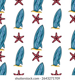 Seamless vector pattern featuring teal surfboards and red starfish on a white background, creating a vibrant summer beach vibe.
