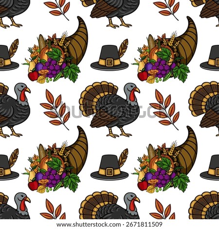 A seamless vector pattern featuring a Thanksgiving cornucopia, pilgrim hat, autumn leaves, and a detailed turkey illustration, perfect for festive designs.