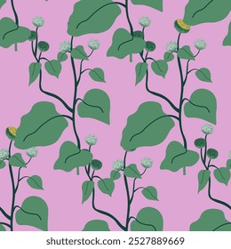 Seamless vector pattern featuring thistle flowers and leaves on a pink background. Perfect for feminine, nature-inspired designs.