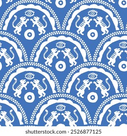 Seamless vector pattern featuring tigers and arched motifs, isolated on a white background. Ideal for textiles, wallpapers, or decorative design projects.