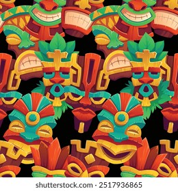 Seamless vector pattern featuring traditional ethnic masks with intricate tribal details. Ideal for textile prints, wallpapers, packaging, and cultural-themed designs. 