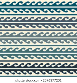 A seamless vector pattern featuring traditional nomadic meander waves in a serene palette of white, light blue, blue, dark blue and grey, inspired by Central Asian crafts