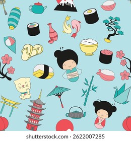Seamless vector pattern featuring traditional Japanese icons, including sakura, fans, lanterns, waves, and koi fish. Perfect for cultural projects, textiles, packaging, and backgrounds. 