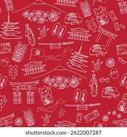 Seamless vector pattern featuring traditional Japanese icons, including sakura, fans, lanterns, waves, and koi fish. Perfect for cultural projects, textiles, packaging, and backgrounds. 